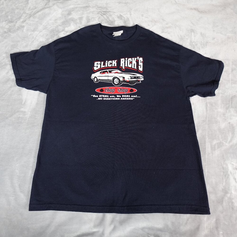 Vintage Slick Rick’s Chop Shop T Shirt Mens XL Funny Made In USA Y2K Blue